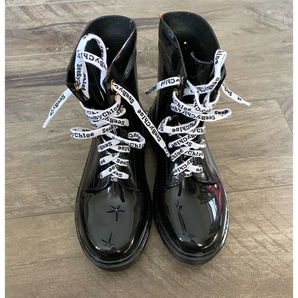 See by Chloe Florrie Rain Boots black 37 logo lace combat style - Picture 2 of 5